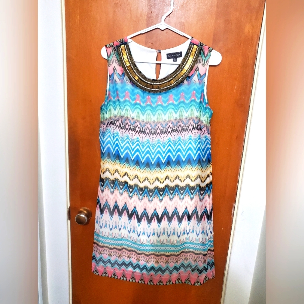 Luxology beaded collar shift dress